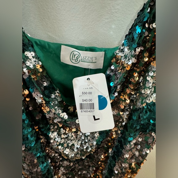 NWT LG Lizzie’s Boutique Green Pattern Sequin Dress - Picture 7 of 10